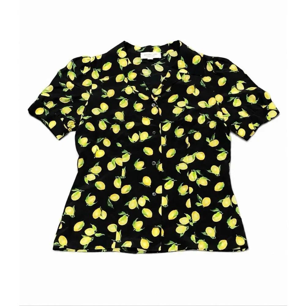 Michael Kors Collection Sz 10 Lemon Print Button Blouse Silk Italian Euro Summer